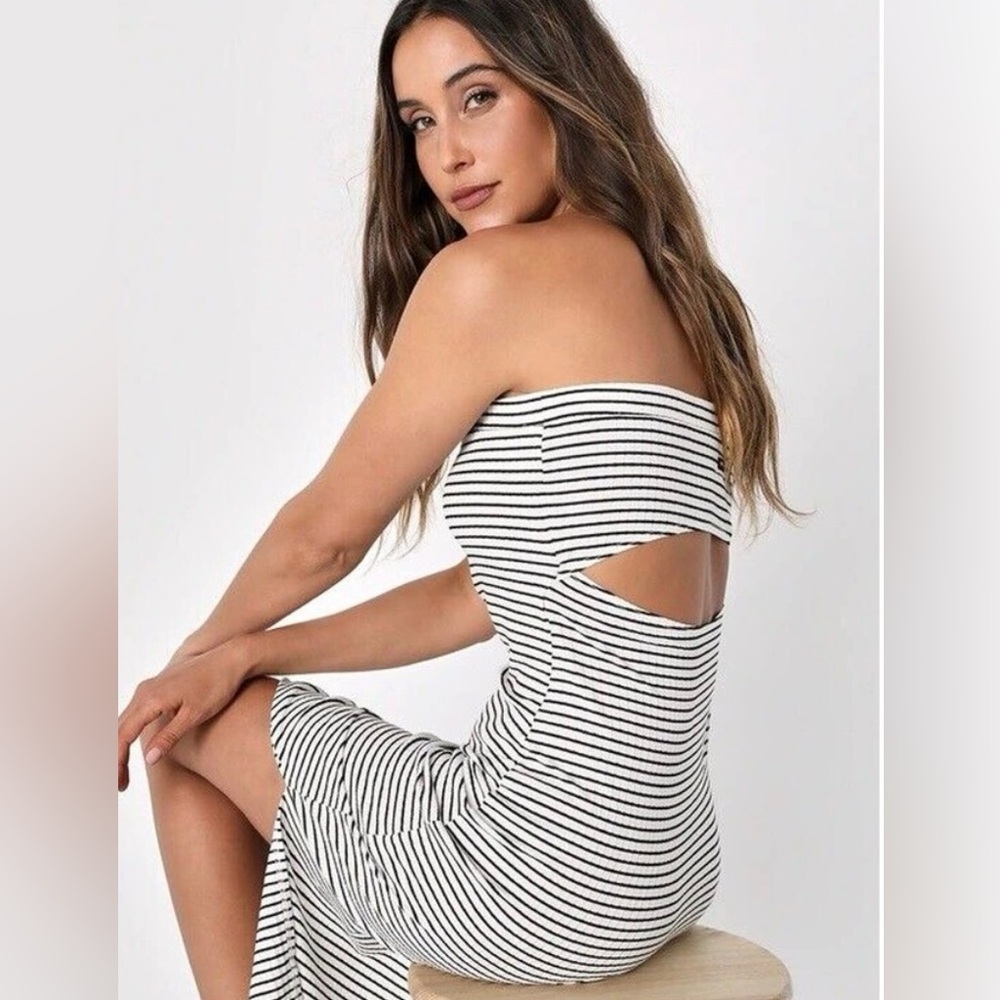 RVCA Striped Black and White Strapless Midi Dress